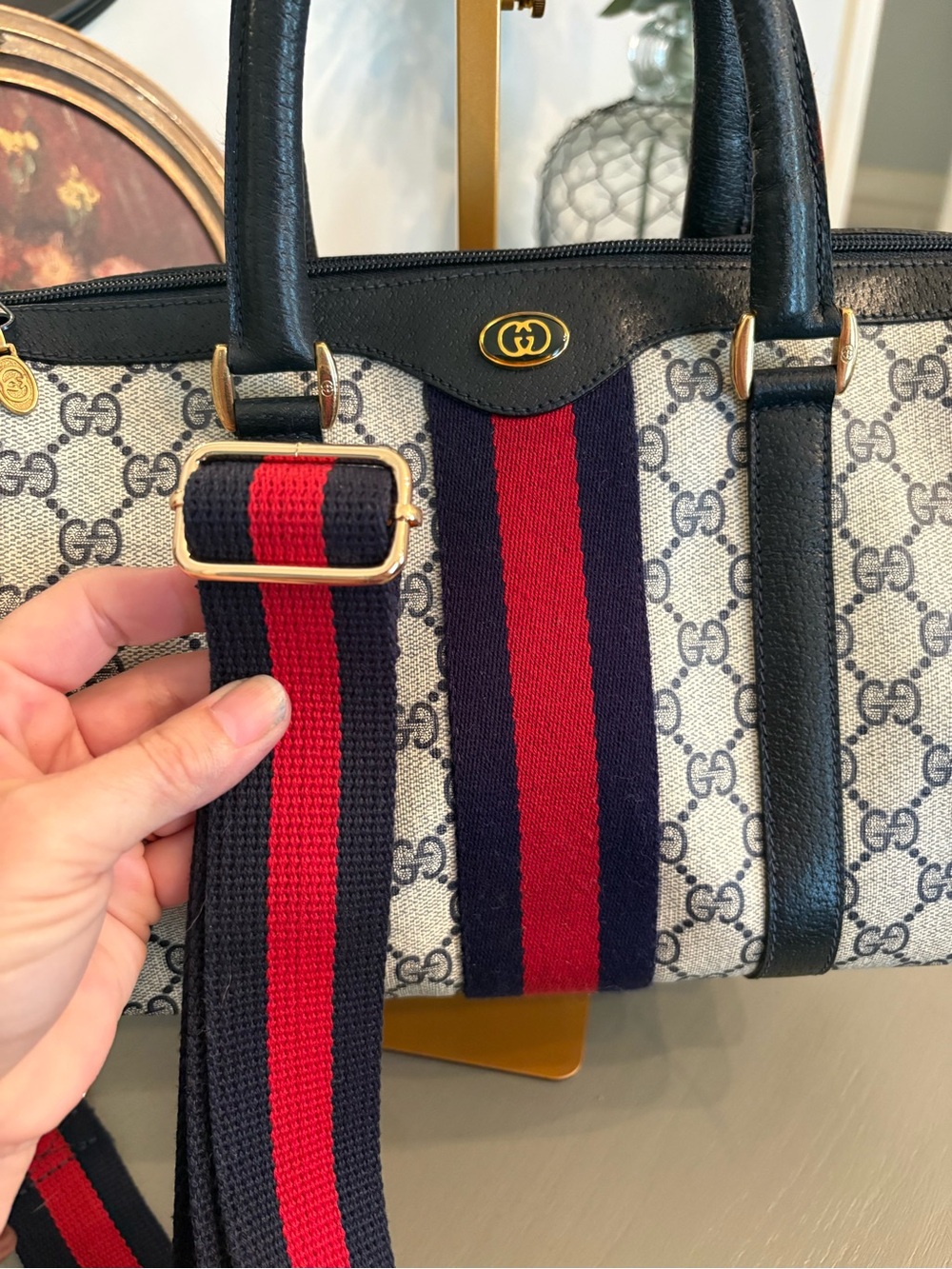 Gucci Vintage GG Supreme Mono Boston Bag-Navy/Red Web Stripe - Picture 16 of 16